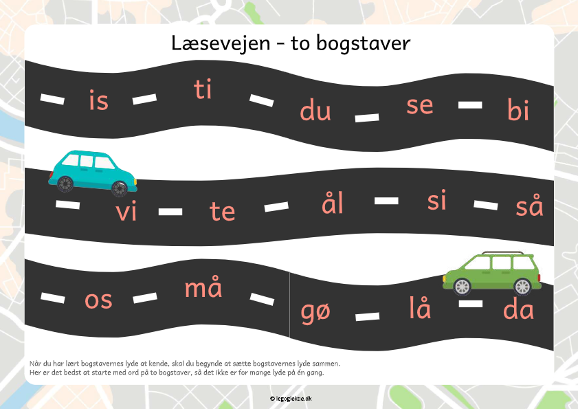 Læringsspil til dansk, hvor dit barn skal øve sig i at læse ord på to bogstaver.
