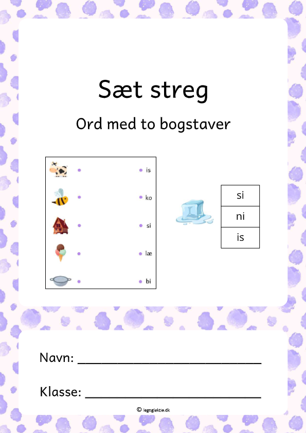 Danskopgaver 0. - 1. klasse med at sætte streg med ord på to bogstaver.