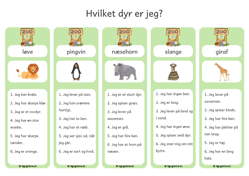 Læringsspil til dansk om at gætte dyret ud fra ledetråde. Til 1. - 4. klasse.