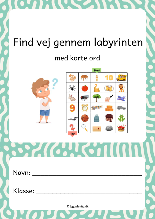 Danskopgaver 1. - 2. klasse om at finde vej gennem labyrinten med ord på to og tre bogstaver.