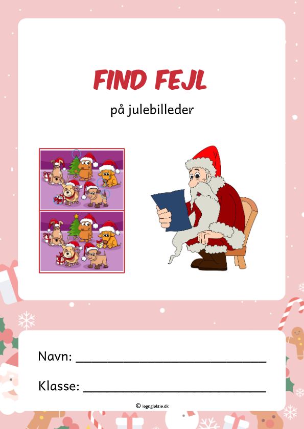 Find fejl på julebilleder til dansk 0. - 4. klasse. Find 5 fejl. Find fem fejl.
