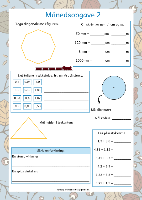 Månedsopgaver/matematikopgaver matematik 5. klasse med små opgaver og de fire regnearter.