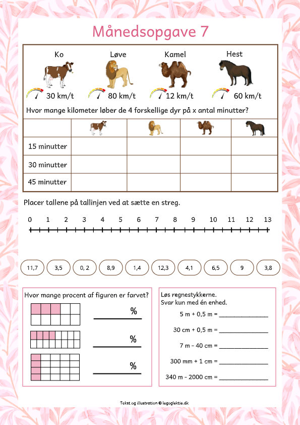 Månedsopgaver/matematikopgaver matematik 5. klasse med små opgaver og de fire regnearter.