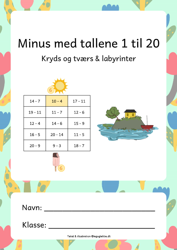 Matematikopgaver med minus med tallene 1 til 20. Kryds og tværs og labyrinter.