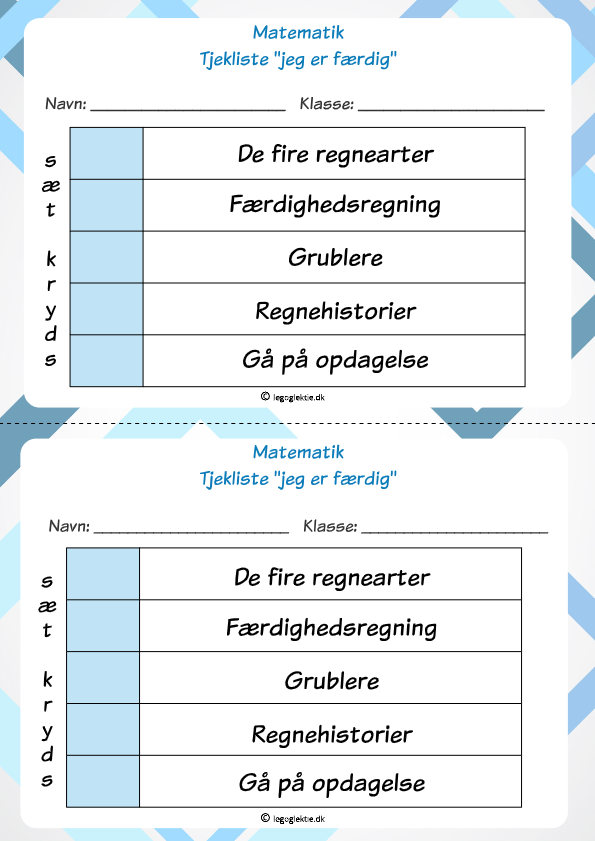 Tjekliste til serien "jeg er færdigopgaver" i matematik 4. - 5. klasse.