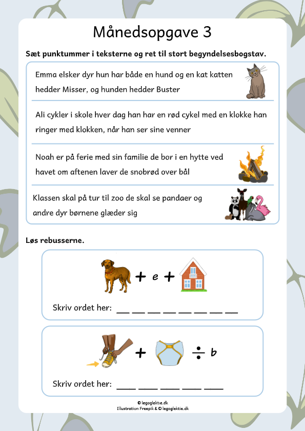 Månedsopgaver, aflevering, ugeopgaver dansk 4. klasse