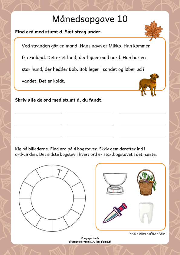 Månedsopgaver, aflevering, ugeopgaver dansk 4. klasse