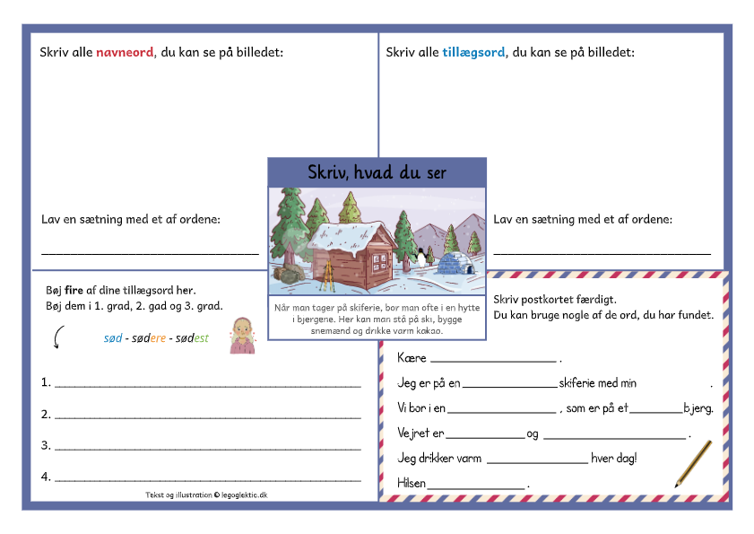 Danskopgaver til 3. klasse og 4. klasse med skriv hvad du ser med navneord og tillægsord.