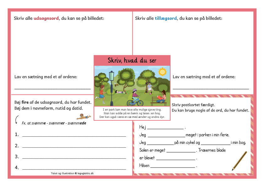 Danskopgaver til 3. klasse og 4. klasse med skriv hvad du ser med udsagnsord og tillægsord.